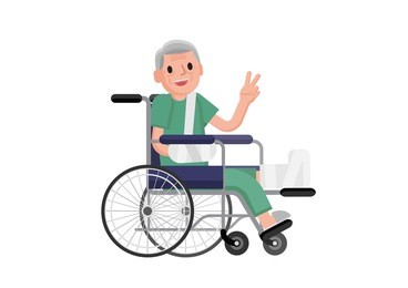 old man with broken leg sitting in the wheelchair. grandfather in a wheelchair with broken bone. vector flat design illustration. isolated on white background.