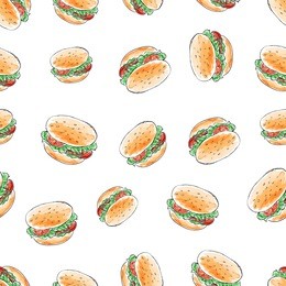 hamburger food repeat vector seamless pattern for decoration, art design, wrapping paper, fabric. hand drawn sketch kids style burgers fast food illustration background for print, cover