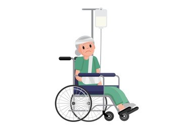 old woman with broken leg sitting in the wheelchair. grandmother in a wheelchair with broken bone. vector flat design illustration. isolated on white background.