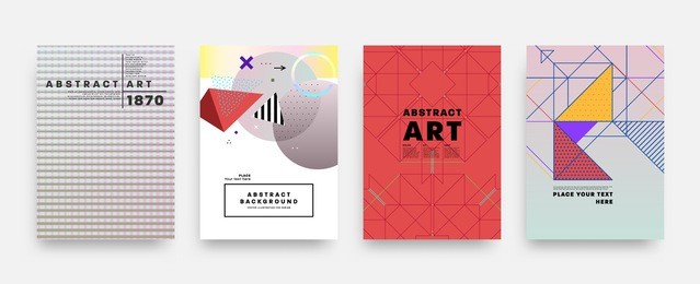 covers templates set with bauhaus, memphis and hipster style graphic geometric holographic, anaglyph 3d elements. applicable for placards, brochures, posters, covers and banners. vector illustrations.