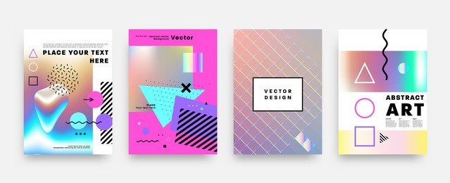 covers templates set with bauhaus, memphis and hipster style graphic geometric holographic, anaglyph 3d elements. applicable for placards, brochures, posters, covers and banners. vector illustrations.