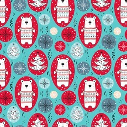 cute polar bear in warm winter pullover with fir tree and snowflakes. christmas tree with decorations, garlands, stripes and dots. seamless pattern for christmas and new year decorations