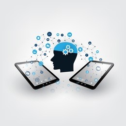 machine learning, artificial intelligence and networks design concept with icons and human head