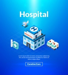 hospital poster of isometric color design, medical concept vector illustration for web banners and printed materials, vertical portrait orientation