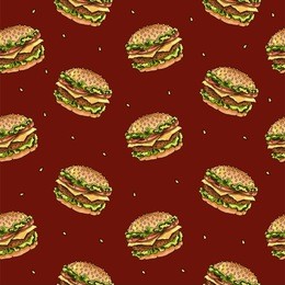 seamless pattern with burgers and sesame seeds on a red background. vector. illustration 