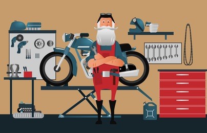 a classic garage for motorcycle repairs. old biker master at the front. character
vector illustration.