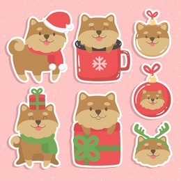 cute christmas illustration set with cartoon dogs. 