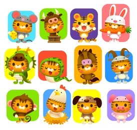 vector set of cute cat wearing 12 zodiac animal costume.