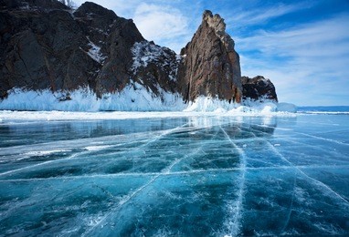baikal lake. the famous natural landmark deva rock (virgin rock) at cape khoboy on the northern tip of olkhon island
