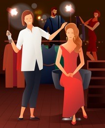 hairdresser stylist barber gradient flat people composition with doodle style human characters in dressing room interior vector illustration