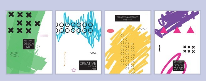 set of artistic minimal universal card templates in memphis style with abstract hand drawn doodles. design for poster, card, invitation. roughly drawn bright trendy textures. vector isolated
