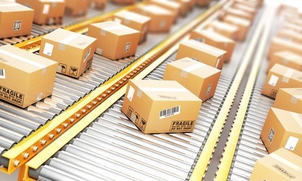 delivery concept. cardboard boxes on a conveyor line. 3d illustration