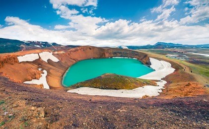 colorful summer scene of crater pool of krafla volcano. dramatic morning view of northeast iceland, myvatn lake located, europe. beauty of nature concept background.