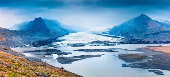 melting ice from vatnajokull glacier. dramatic summer scene of vatnajokull national park, iceland, europe. beauty of nature concept background.