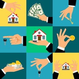 buy house hands vector illustration. hand holds home or house key and money, isolated flat