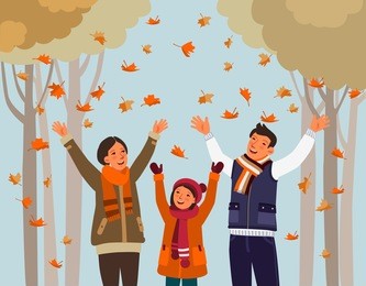 happy family having fun and playing with autumn leaves in park. autumn landscape background