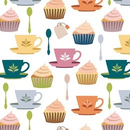 colorful tea cup and dessert. kitchen seamless pattern