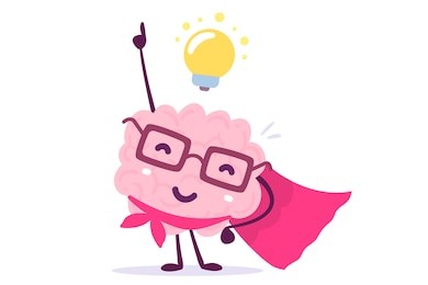 vector illustration of pink color human brain with glasses as a super hero and light bulb on white background. inspiration cartoon brain concept. doodle style. flat style design of character brain