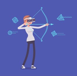 vr woman in archery game. target shooting simulation, using a bow and arrow to shoot and hit accuracy. virtual reality and entertainment. vector flat style cartoon illustration