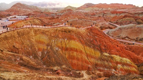 the rainbow mountain at the zhangye danxia landform geological park in gansu, china. unesco world heritage site. road in a mountain range.