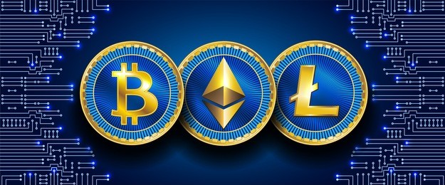 virtual symbols of the coin bitcoin, litecoin and ethereum on electronic circuit background. crypto currency.
