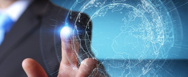 flying earth network interface activated by businessman on blurred background 3d rendering