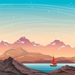 calm blue lake with wooden sailboat, mountains with snow and night starry sky. autumn vector illustration. nature landscape.