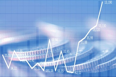 double exposure rows of coins of graph on the table,finance and business concept,money,soft focus and blurred style,dark tone.
