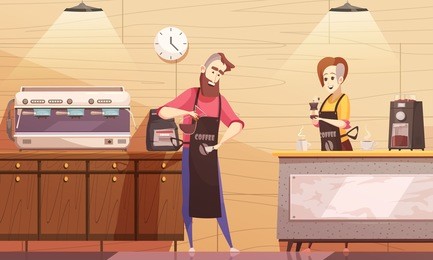 coffee house vector illustration with barista and barmaid standing near coffee machine and holding brewed drink