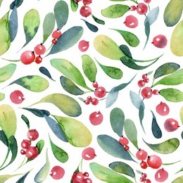 watercolor illustration. christmas seamless pattern of leaves and red berry