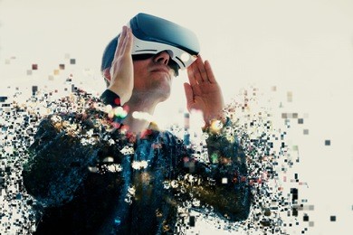 a person in virtual glasses flies to pixels. the man with glasses of virtual reality. future technology concept. modern imaging technology. fragmented by pixels.