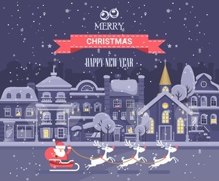 merry christmas and happy new year vector greeting card in flat style. winter city with snowflakes and cute houses.
