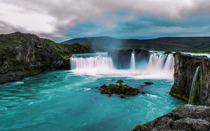 the godafoss or waterfall of the gods is a waterfall in iceland. the water of the river skjalfandafljot falls from a height of 12 meters over a width of 30 meters./ godafoss waterfalls/2017