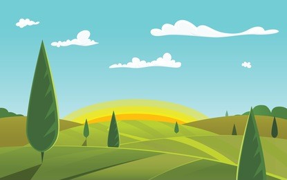 green landscape with sunrise. rural view. vector