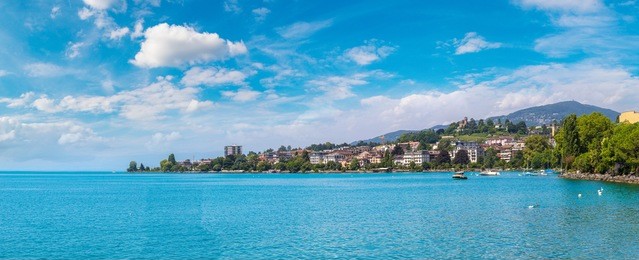 panorama of  montreux and lake geneva in a beautiful summer day, switzerland