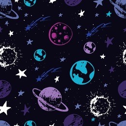 vector doodle space seamless pattern. planets, stars, moon, sun. perfect for wallpaper, wrapping paper and web design.