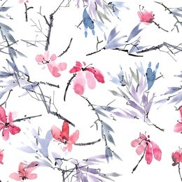 watercolor and ink illustration of red flowers and leaves. sumi-e, u-sin painting. seamless pattern.