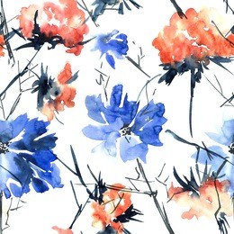 watercolor and ink illustration of red and blue flowers. sumi-e, u-sin painting. seamless pattern.
