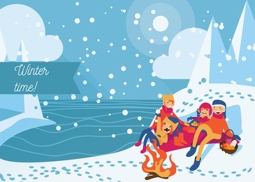 people having winter picnic with bonfire, food and fruits on a lake shore