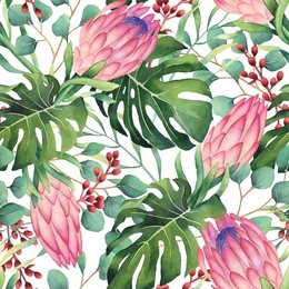 hand-painted watercolor monstera leaves pattern with protea and eucalyptus on white background