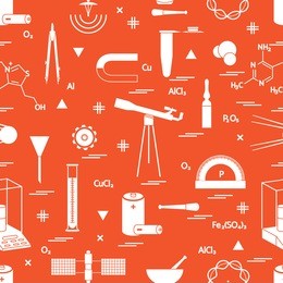 seamless pattern with variety scientific, education elements: dividers, formula, test-tube, satellites, batteries and other. design for banner, poster or print.