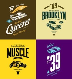vintage custom hot rod, muscle car and pickup vector tee-shirt logo isolated set. premium quality old sport vehicle logotype t-shirt emblem illustration. street wear superior retro tee print design.