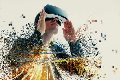 a person in virtual glasses flies to pixels. the man with glasses of virtual reality. future technology concept. modern imaging technology. fragmented by pixels.
