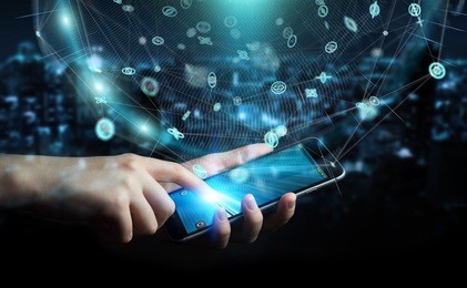 businessman on blurred background using holograms datas digital sphere 3d rendering