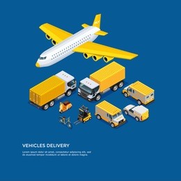 different kinds of transport for delivery and shipping isometric set on blue background  illustration