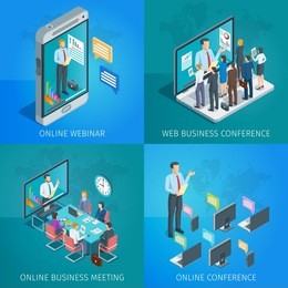 set of isometric banners on theme online business conference. online webinar. people listen to the lecturer. isometric concept. highly detailed illustration