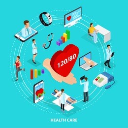 isometric digital medical care concept with doctors patients electronic devices for online consultation and health monitoring isolated vector illustration