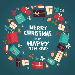 merry christmas and happy new year greeting card with different gift boxes winter holiday presents concept flat vector illustration