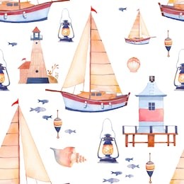 watercolor regatta seamless pattern. repeating sea texture with sailboat, shells, lighthouse, float, lantern, fish. wallpaper design in cartoon style