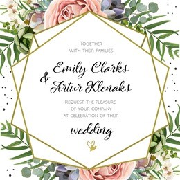 wedding invitation, floral invite card design: peach lavender pink garden rose, succulent, wax, eucalyptus, green palm leaves, forest fern greenery geometric golden frame print. vector cute copy space